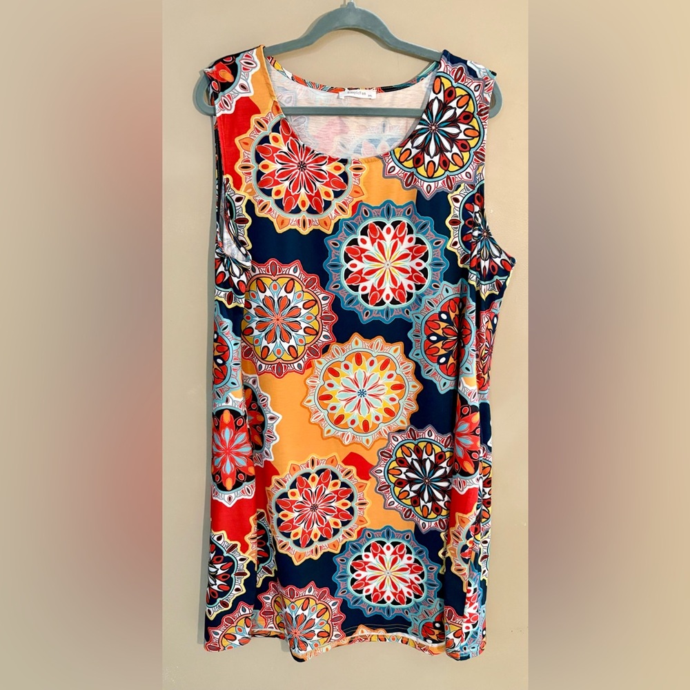 Women's Size 3X Swing Dress Colorful Medallion - Navy, Orange, Red, Aqua